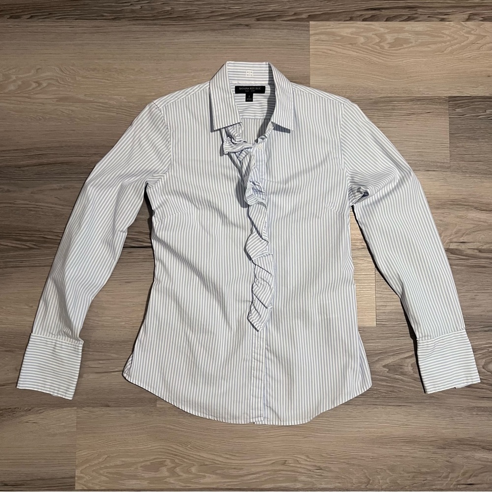 Women’s Banana Republic Blue and White Striped Riley Dress Shirt with Ruffles - Picture 2 of 8